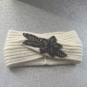 Cream Knit Headband with Beaded Leaf Design